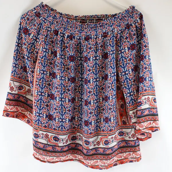Cynthia Rowley Blue Red Geometric Smocked Blouse Boho Top