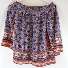 Cynthia Rowley Blue Red Geometric Smocked Blouse Boho Top