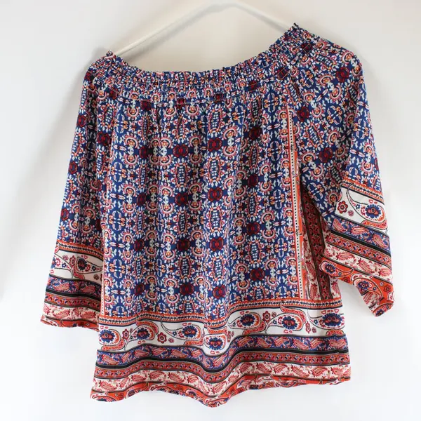 Cynthia Rowley Blue Red Geometric Smocked Blouse Boho Top