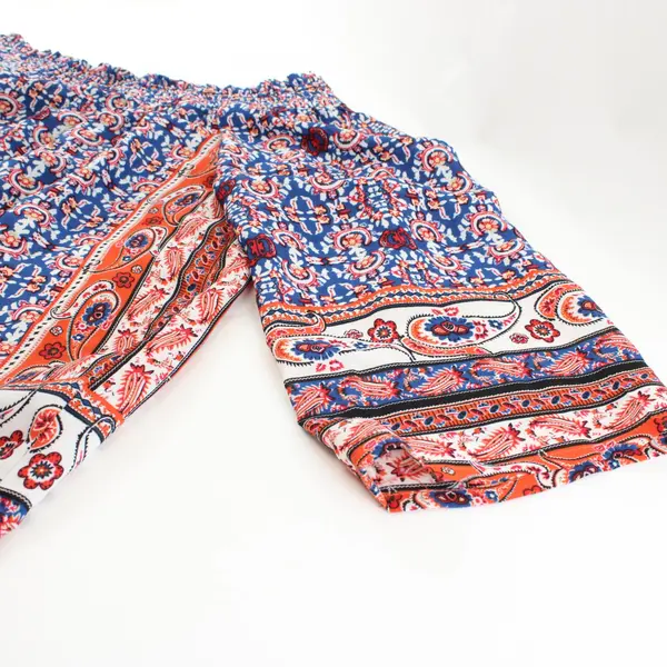 Cynthia Rowley Blue Red Geometric Smocked Blouse Boho Top