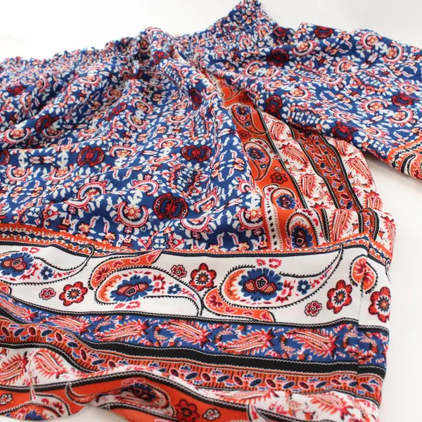 Cynthia Rowley Blue Red Geometric Smocked Blouse Boho Top