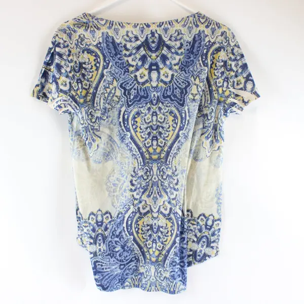 World Unity Women's Medium Bedazzled Paisley Blue Green Yellow T-Shirt