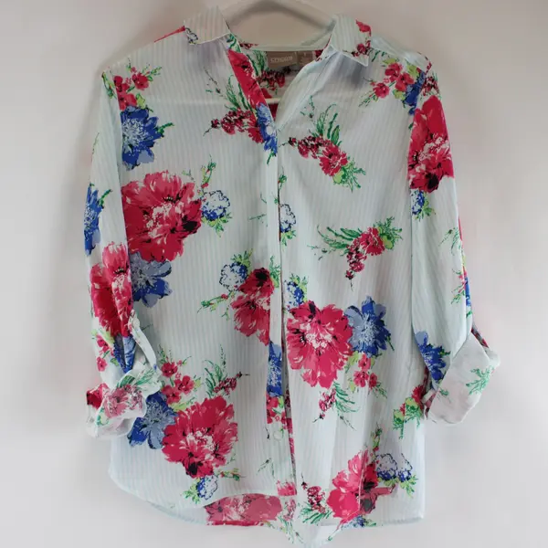 Chico's Women's Blue Striped Floral Button-Up Shirt Size 1