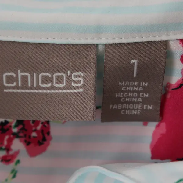 Chico's Women's Blue Striped Floral Button-Up Shirt Size 1