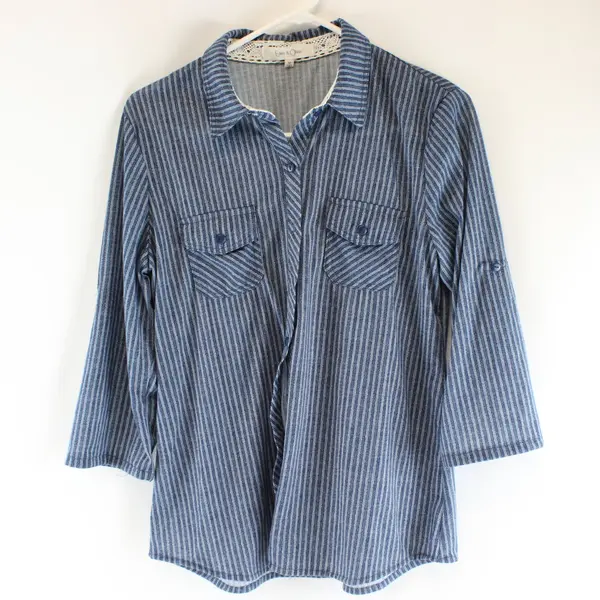 Eden & Olivia Womens Medium Blue Striped Button Up Collared Shirt