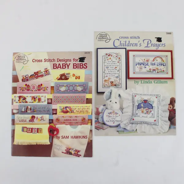 Lot of 2 American School of Needlework 3511 Baby Bibs 3569 Children's Prayers