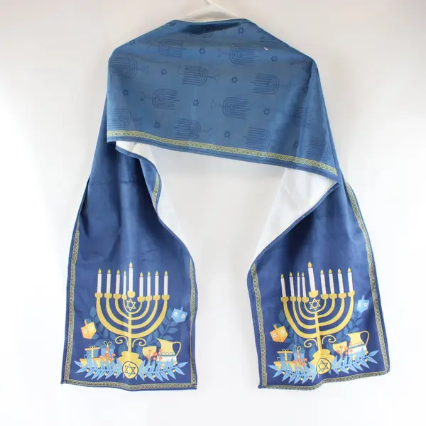 Blue Hanukkah Table Runner Gold Menorah Stars of David 75x12