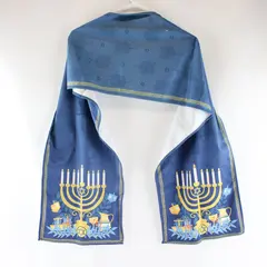 Blue Hanukkah Table Runner Gold Menorah Stars of David 75x12