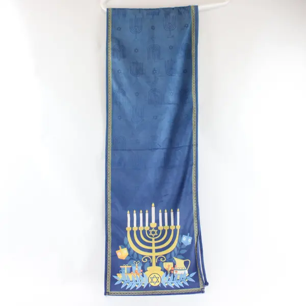 Blue Hanukkah Table Runner Gold Menorah Stars of David 75x12