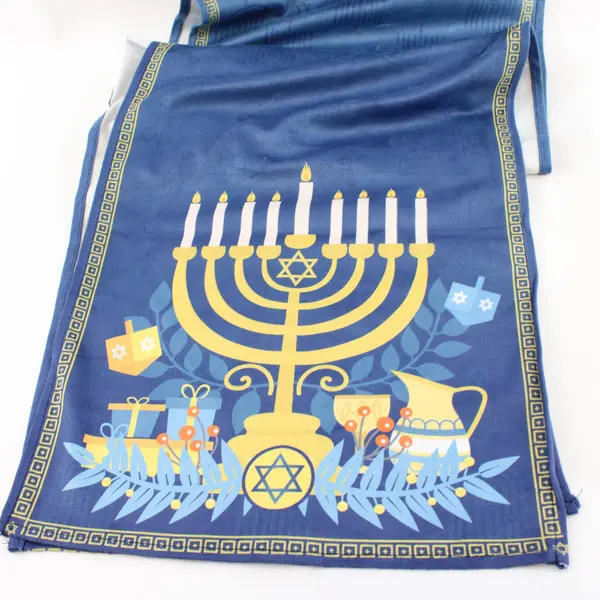 Blue Hanukkah Table Runner Gold Menorah Stars of David 75x12