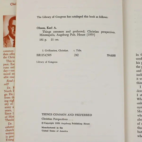 Things Common and Preferred Christian Perspectives Karl Olsson 1959 HC DJ