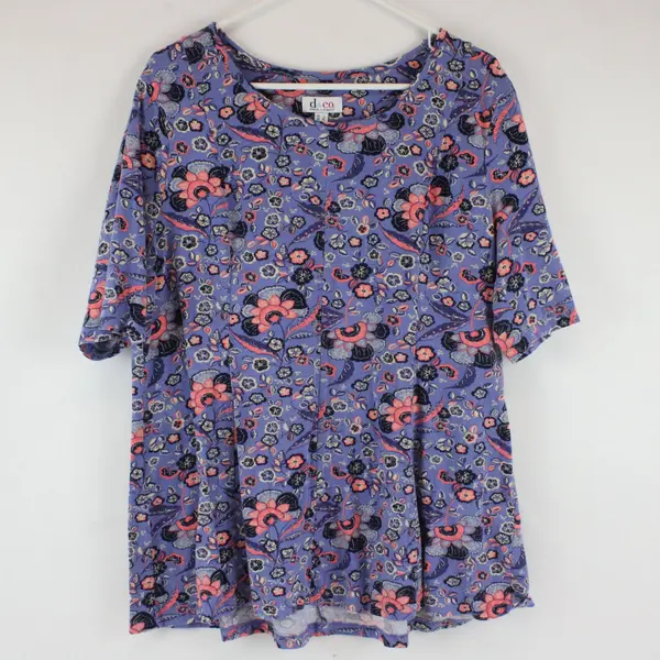 D&Co Women's Short Sleeve Blouse Top Purple w/ Pink, Navy, Beige Floral Sz L