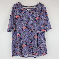 D&Co Women's Short Sleeve Blouse Top Purple w/ Pink, Navy, Beige Floral Sz L