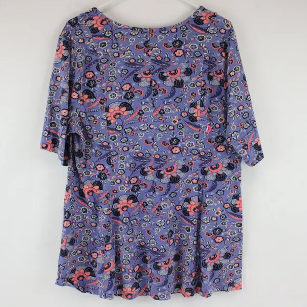 D&Co Women's Short Sleeve Blouse Top Purple w/ Pink, Navy, Beige Floral Sz L