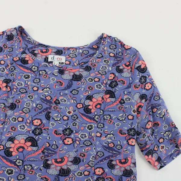 D&Co Women's Short Sleeve Blouse Top Purple w/ Pink, Navy, Beige Floral Sz L
