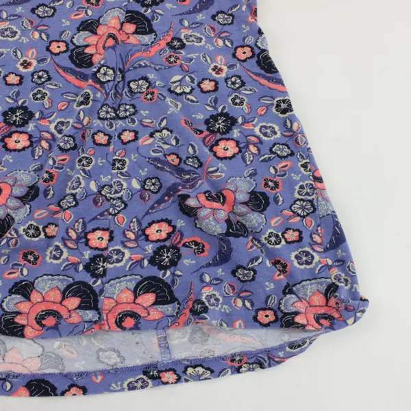 D&Co Women's Short Sleeve Blouse Top Purple w/ Pink, Navy, Beige Floral Sz L
