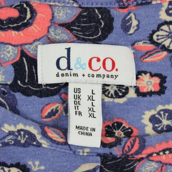 D&Co Women's Short Sleeve Blouse Top Purple w/ Pink, Navy, Beige Floral Sz L
