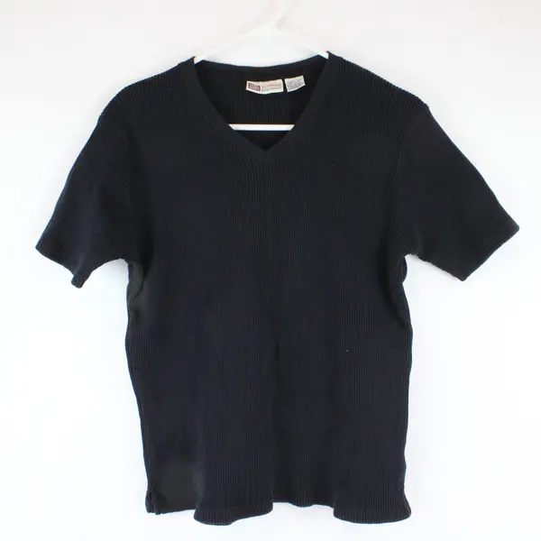 2002 Vintage Faded Glory Authentic Women's L Black Ribbed Knit V-Neck T-Shirt