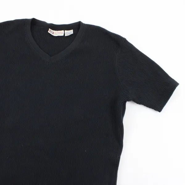 2002 Vintage Faded Glory Authentic Women's L Black Ribbed Knit V-Neck T-Shirt