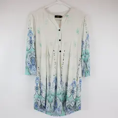 R&B Collection Floral V-Neck 3/4-Sleeve Blouse White, Green, Blue Floral Print M