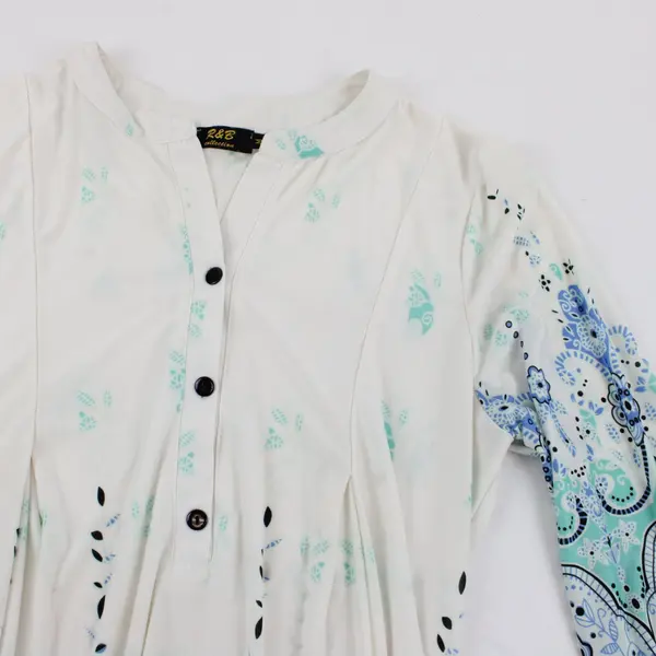 R&B Collection Floral V-Neck 3/4-Sleeve Blouse White, Green, Blue Floral Print M