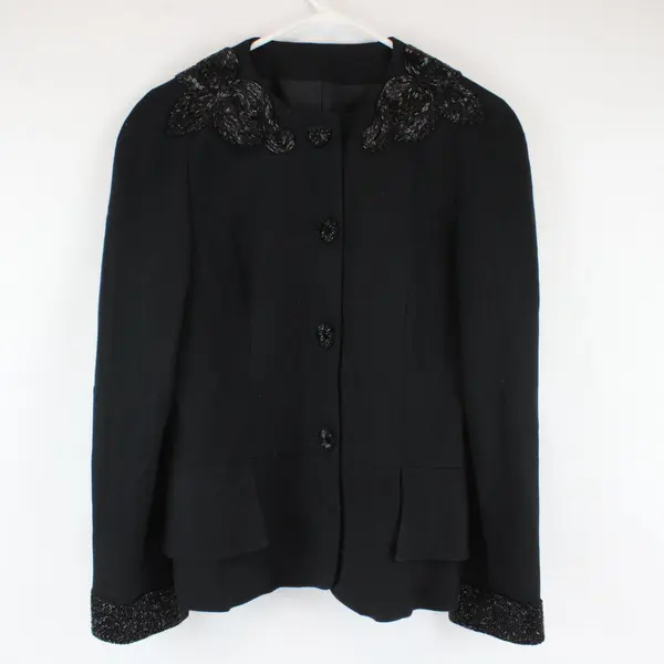 Augustus Black Beaded Flower Embellishment Blazer 4 Button Closure Women's 8