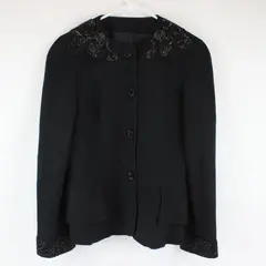 Augustus Black Beaded Flower Embellishment Blazer 4 Button Closure Women's 8