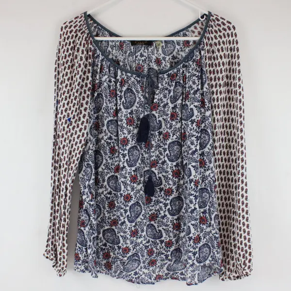 Fylo London Size Large Boho Blouse Top White, Blue, Red Paisley Pattern