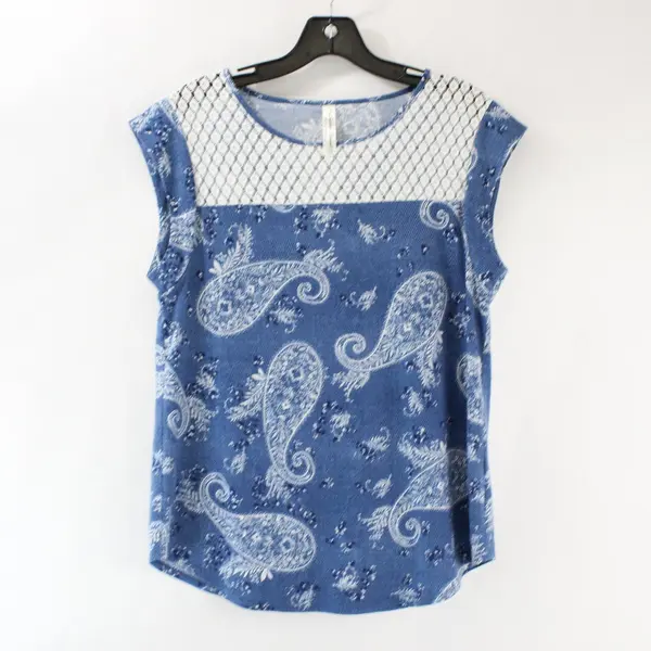 PerSeption Concept Womens S Blue White Paisley Cap Sleeve Lace Yoke Blouse