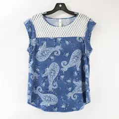 PerSeption Concept Womens S Blue White Paisley Cap Sleeve Lace Yoke Blouse