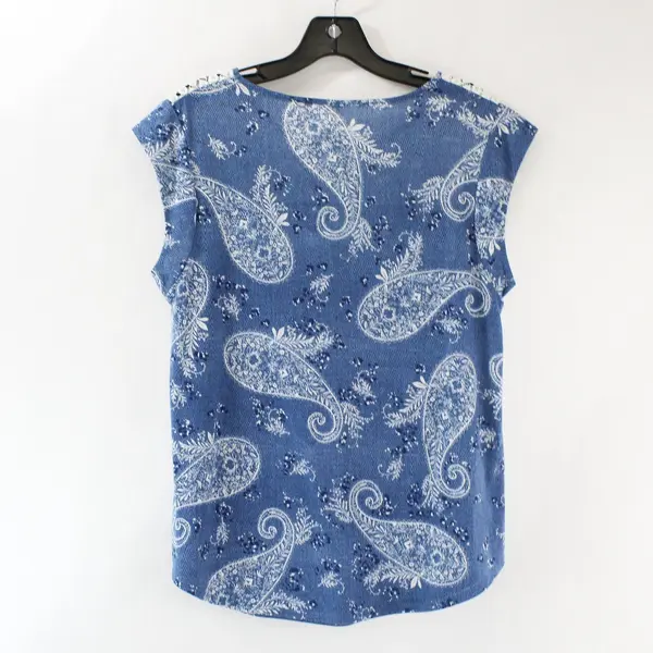 PerSeption Concept Womens S Blue White Paisley Cap Sleeve Lace Yoke Blouse