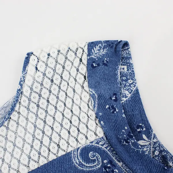 PerSeption Concept Womens S Blue White Paisley Cap Sleeve Lace Yoke Blouse