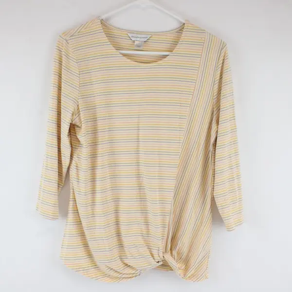 Christopher & Banks Womens Small Yellow Striped 3/4 Sleeve Twist Front Shirt