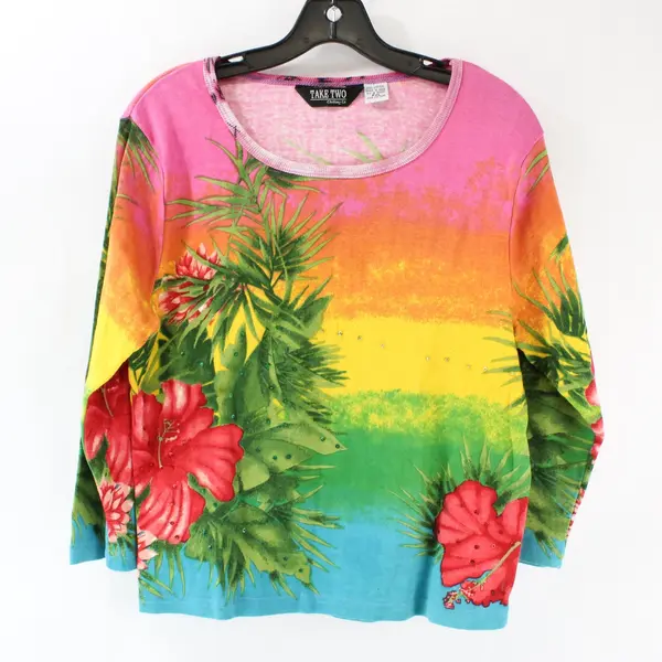 Vintage Take Two Clothing Co. Women's PXL Tropical Sunset Rhinestones Top