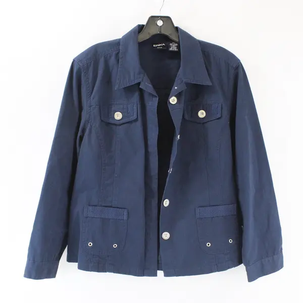 Erika Petite Women's PL Blue Button Up Long Sleeve Cotton Jacket 