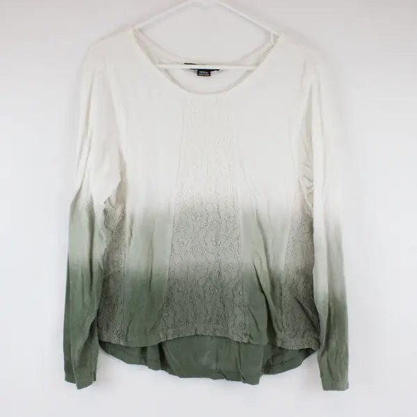 Kristin Marie White Green Ombre Blouse Lace Detail Long Sleeve Sz Medium