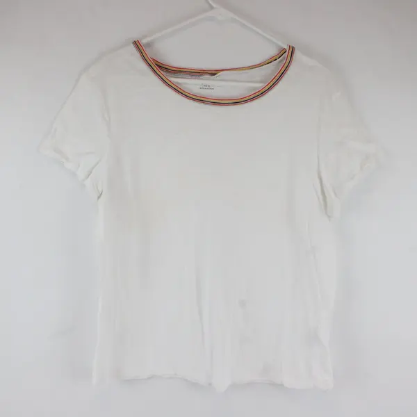 Madewell White T-Shirt Short Sleeve Rainbow Striped Neckline L 100% Cotton