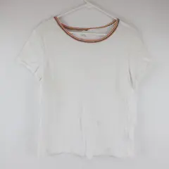Madewell White T-Shirt Short Sleeve Rainbow Striped Neckline L 100% Cotton