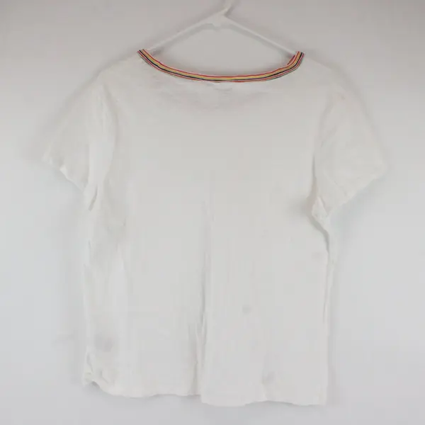 Madewell White T-Shirt Short Sleeve Rainbow Striped Neckline L 100% Cotton