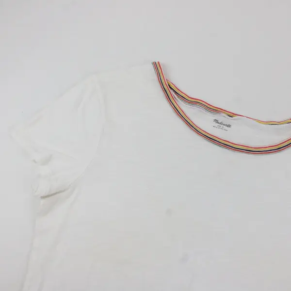 Madewell White T-Shirt Short Sleeve Rainbow Striped Neckline L 100% Cotton