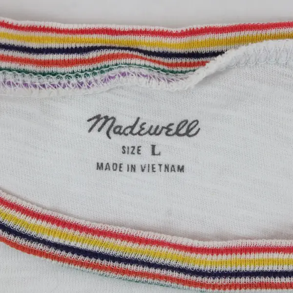 Madewell White T-Shirt Short Sleeve Rainbow Striped Neckline L 100% Cotton
