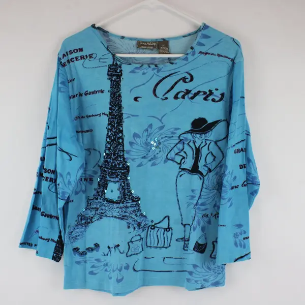 Jane Ashley Vintage Blue Paris French Print 3/4 Sleeve Blouse