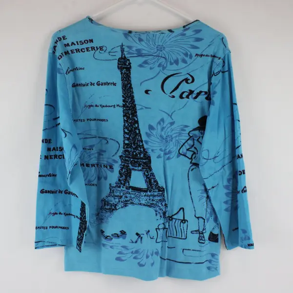 Jane Ashley Vintage Blue Paris French Print 3/4 Sleeve Blouse