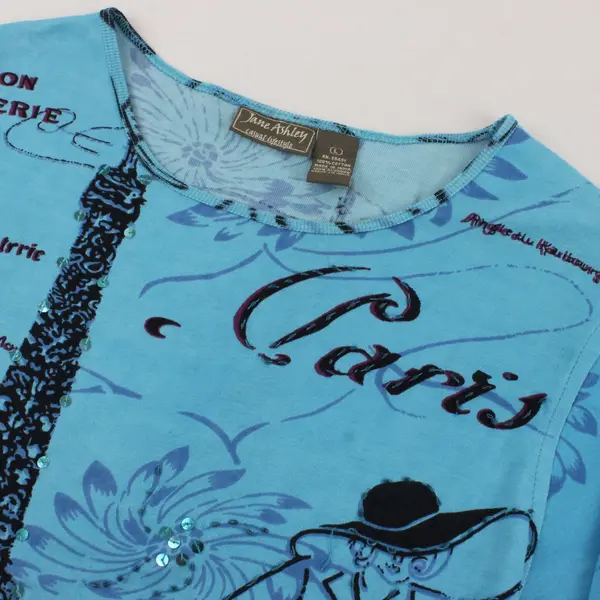 Jane Ashley Vintage Blue Paris French Print 3/4 Sleeve Blouse