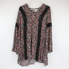 Knox Rose Women's Black Red Cream Floral Boho Tunic Blouse V-Neck Sz M
