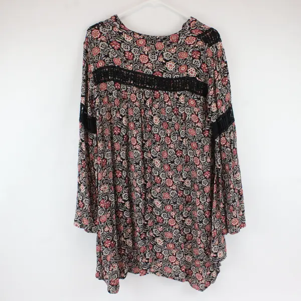 Knox Rose Women's Black Red Cream Floral Boho Tunic Blouse V-Neck Sz M