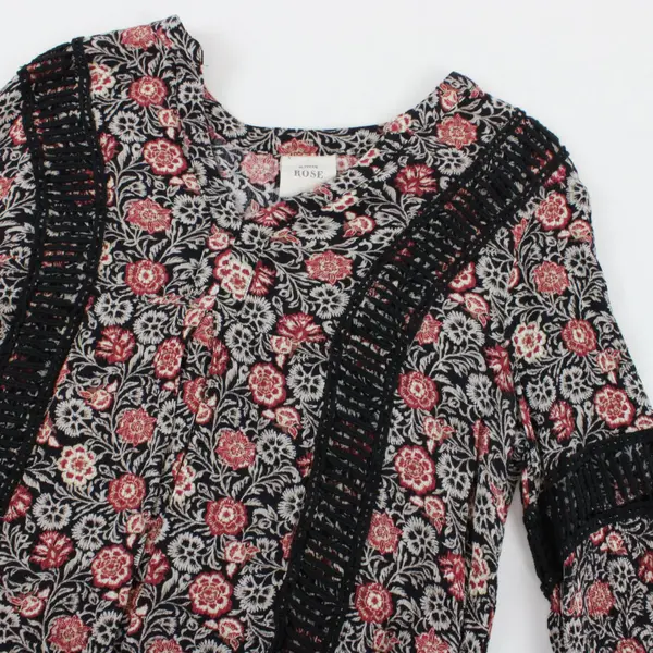 Knox Rose Women's Black Red Cream Floral Boho Tunic Blouse V-Neck Sz M
