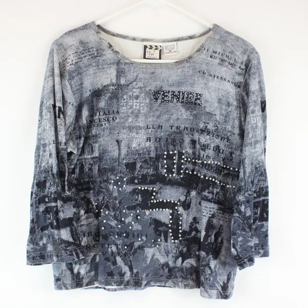 Take Two Clothing Co Women XL 3/4 Sleeve Italian Acid Wash Rhinestone Top