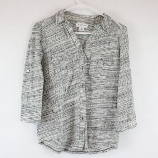 Liz Claiborne Petite M Gray White Striped Button Up Blouse