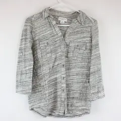 Liz Claiborne Petite M Gray White Striped Button Up Blouse